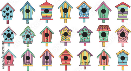 Colorful decorative birdhouse collection, twenty whimsical handcrafted wooden homes with varied roofs, hearts, flowers, patterns, cad drawing flat vector illustration