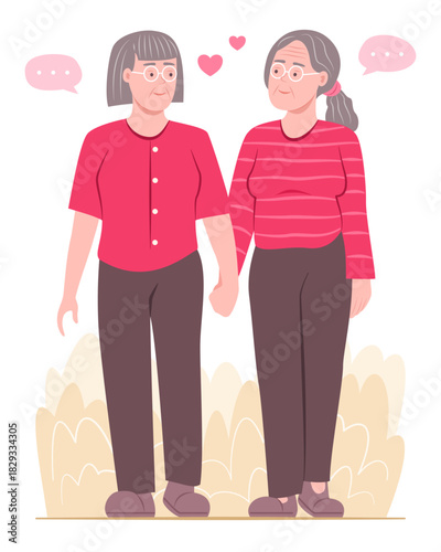 Senior Lesbian Women Couple Falling in Love while Walking Hand in Hand in Garden for LGBT Relationship Concept Illustration