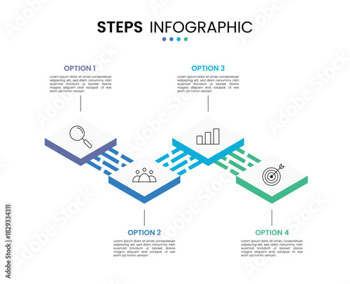4 step, option, stage or process timeline diagram isometric infographic design. Business presentation template design  