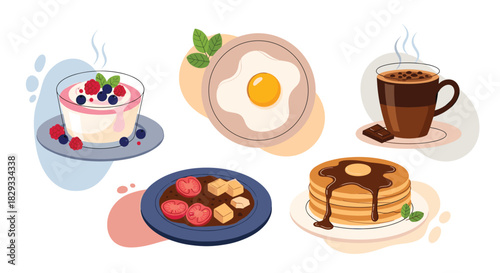 Enjoy a delicious brunch with pancakes, egg, dessert, coffee and savory dish for a delightful food experience, perfect for culinary adventures