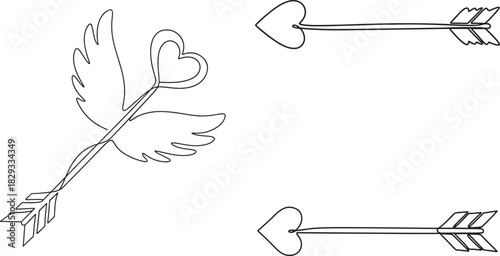 Hand drawn arrow illustrations with romantic heart shapes and feathered fletching