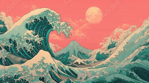 This artwork features large blue waves crashing against distant mountains. A bold sun hangs above a pink sky creating a dramatic yet serene atmosphere reminiscent of traditional Japanese art.