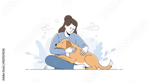 A woman gently hugs her loyal brown dog, illustrating a heartwarming moment of pet companionship.