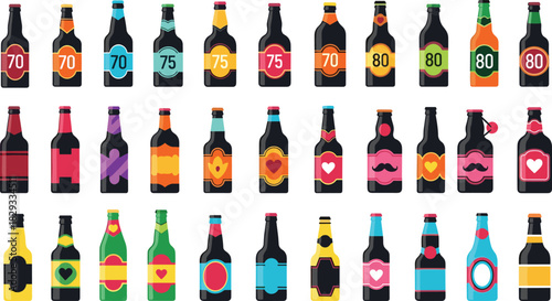 Craft beer bottle collection thirty unique label designs, colorful shapes, vintage modern branding, packaging variety, cad drawing flat vector illustration