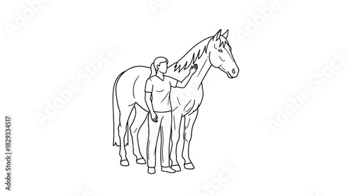 A person gently petting a horse, showing affection and companionship.