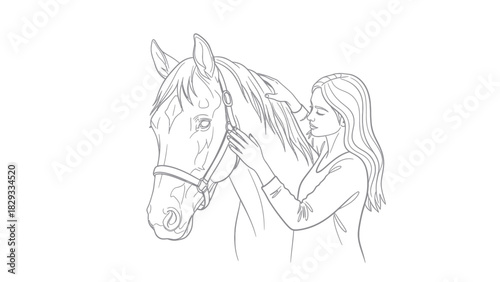 A woman with long hair gently strokes the face of a horse wearing a bridle, showing affection and connection.