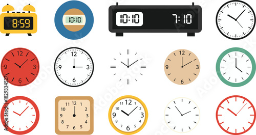 Diverse Clock Icons Set Vector Illustration, Various Styles of Analog and Digital Timepieces Collection, Alarm Clocks and Wall Clock Faces, Time Management and Schedule Element Cad Drawing.