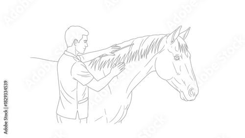 A simple line art illustration of a man standing beside a horse and grooming its mane.