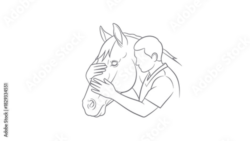 A person tenderly caresses the head of a horse, showing a bond of affection.