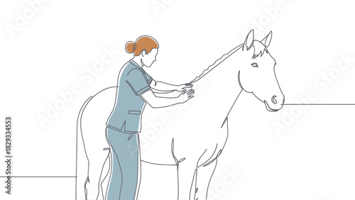 A veterinarian in scrubs examines a horse's head and neck, holding the reins, in a minimalist line art illustration.
