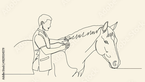 Simple continuous line drawing illustrating a person gently interacting with and caring for a horse's neck and mane.