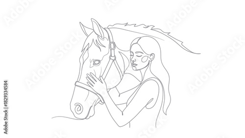 A delicate line drawing depicts a woman gently embracing a horse, her hand resting on its face in a tender moment of connection.