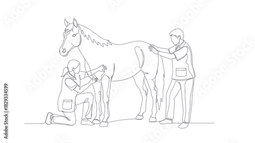 Two veterinarians, a man and a woman in scrubs, performing a medical examination on a horse in a continuous one-line drawing.