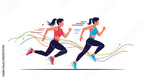 Two dynamic athletic women sprinting with determination, perfect for fitness campaigns, health promotions, and vibrant lifestyle content