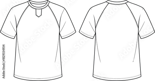 Short-sleeve t-shirt front and back view, raglan sleeves, notch neckline, seam details, fashion sketch, garment template, apparel design, technical illustration