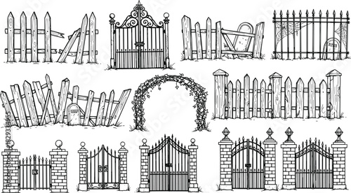 Vintage Cemetery Gates and Fences Line Art Collection, Spooky Graveyard Entrance Drawing, Old Wrought Iron and Broken Wooden Picket Fence Vector Illustration Set, Halloween Cad Drawing.