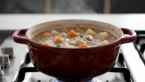 Hearty Beef Stew Simmering in a Red Dutch Oven on a Gas Stove with Steam Rising