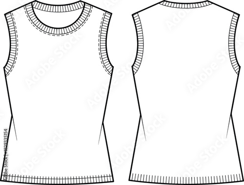 Sleeveless knit top front and back view, round neckline, ribbed trim, fitted silhouette, fashion sketch, garment template, apparel design, technical illustration