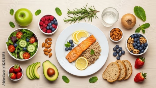 Wallpaper Mural nutritious meal spread on a light wooden background, featuring baked salmon, fresh vibrant berries, crisp green salad, healthy fats from avocado and nuts, whole grain bread, and aromatic herbs Torontodigital.ca