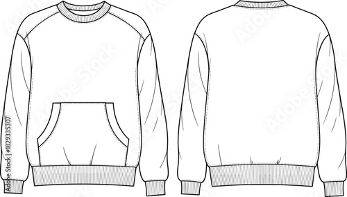 Sweatshirt fashion illustration, technical sketch, crew neckline design, raglan sleeve style, kangaroo pocket detail, ribbed cuff hem finish, sewing pattern, garment template, apparel mockup