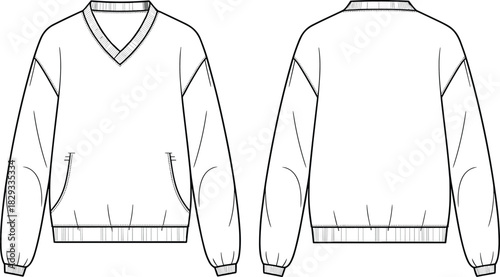 Sweatshirt fashion illustration, technical sketch, V-neck pullover design, kangaroo pocket detail, ribbed cuff hem, dropped shoulder style, sewing pattern, garment template, apparel mockup