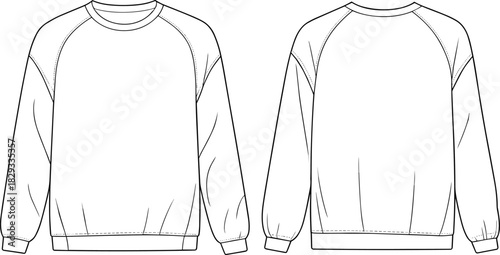 Sweatshirt front and back view, crew neckline, raglan sleeves, ribbed cuffs and hem, fashion sketch, garment template, apparel design, technical illustration
