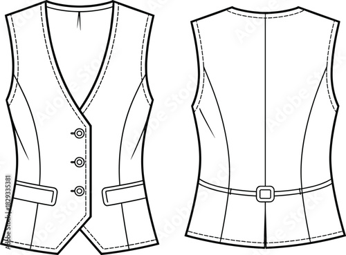 Tailored vest technical sketch, front back view, fashion design drawing, sewing pattern layout, garment construction detail, princess seam illustration, clothing blueprint template