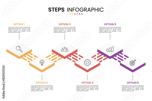 6 step, option, stage or process timeline diagram isometric infographic design with icons. Infographic concept for business step presentation template  