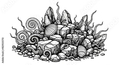 Detailed illustration of a rocky marine environment with shells and swirling patterns