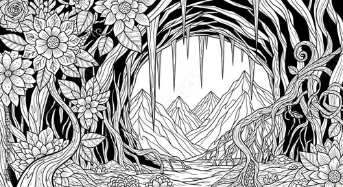 Intricate black and white illustration of a mystical cave with flowers and mountains