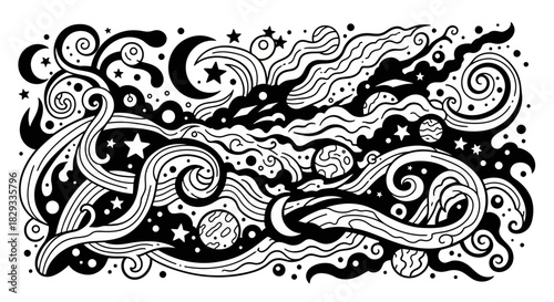 Abstract cosmic illustration featuring swirling galaxies, planets, and stars in a black and white design
