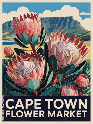 Retro Flower Market poster of oversized pink and cream protea flowers with dark green leaves and Table Mountain background. Vintage Cape Town Flower Market travel vector style.