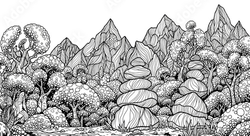 Intricate line art depicting a serene landscape with stacked stones, mountains, and lush trees