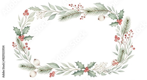 A festive winter holiday frame concept with watercolor illustrations of pine branches, holly leaves, and red berries for seasonal greetings