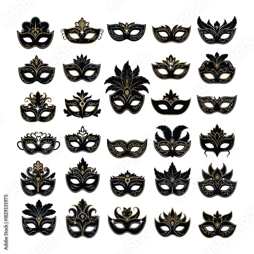 Collection of ornate black and gold masquerade masks isolated on white background