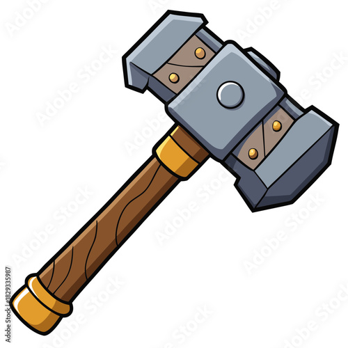Cartoon warhammer weapon with wooden handle and metal head