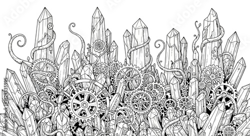 Intricate illustration of crystalline structures intertwined with mechanical gears and vines