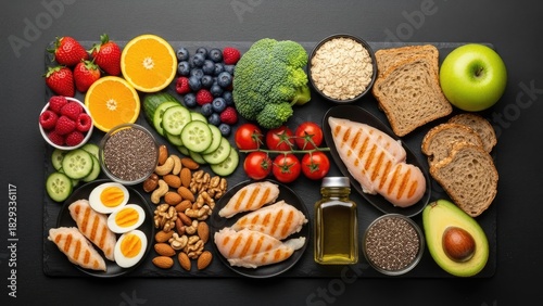 A vibrant and healthy food spread featuring lean protein, fresh fruits, vegetables, nuts, and grains. This balanced diet concept promotes wellness and good nutrition for a wholesome lifestyle