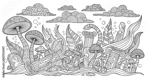 Intricate line art depicting a whimsical underwater scene with mushrooms, foliage, and ancient columns
