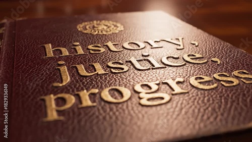 Old hardcover book with embossed words history justice progress on textured cover