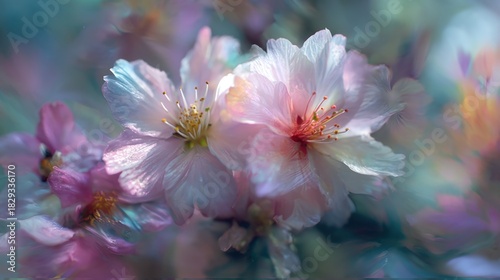 Delicate cherry blossoms flourish in gentle pastels creating a serene atmosphere. The flowers symbolize rebirth and beauty highlighting the arrival of spring during warm daylight.