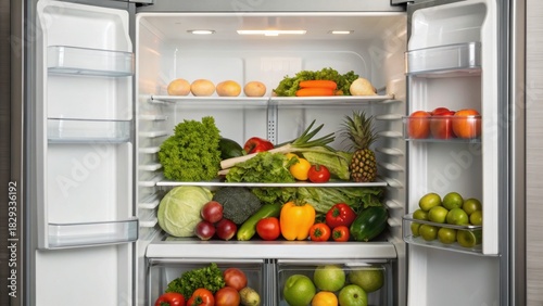 Wallpaper Mural A well-organized refrigerator filled with fresh fruits and vegetables, showcasing a variety of colorful produce on multiple shelves. Torontodigital.ca