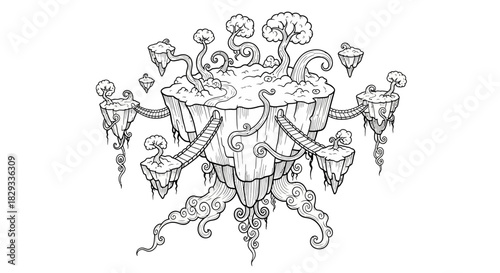 A whimsical floating island with trees, bridges, and lanterns set against a dreamy sky