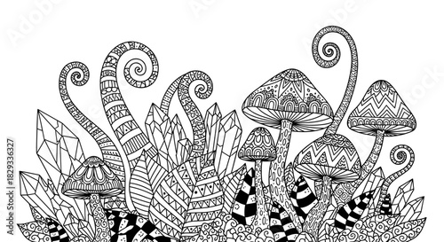 Intricate black and white illustration of mushrooms and crystals in a whimsical forest setting