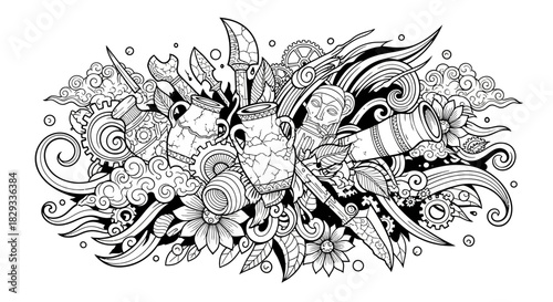 Intricate black and white illustration of artistic tools and nature elements amidst swirling patterns