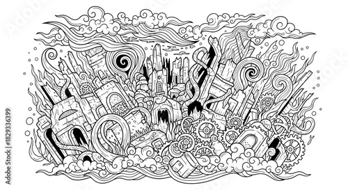 Intricate black and white illustration of a chaotic urban landscape with swirling clouds and machinery
