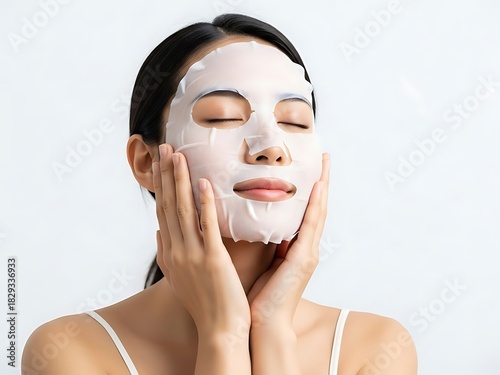 Young asian woman applying a sheet mask on her face, isolated on white background