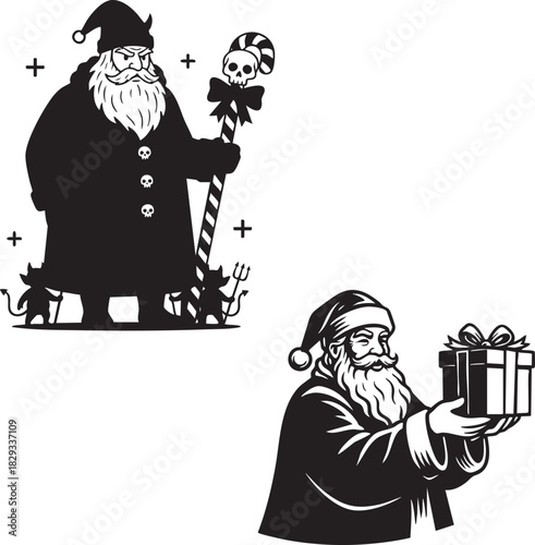 Good and Bad Santa Claus vector illustration set in black and white
Traditional Santa holding gift and dark evil Santa character silhouette
Naughty and Nice Christmas characters with Krampus and St Ni