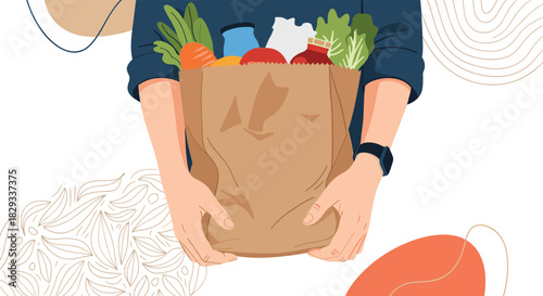 Fresh produce haul! Someone's holding a paper grocery bag overflowing with colorful fruits and vegetables ready for a healthy meal, shopping local