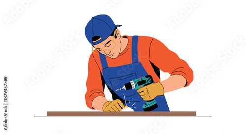 Craftsman drilling wood with precision for a professional carpentry project, showcasing skill and dedication in the workshop with safety gear